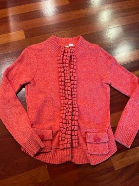 Anthropologie Moth Orange Rust Ruffled-Trim Knit Cardigan Medium Wool Blend